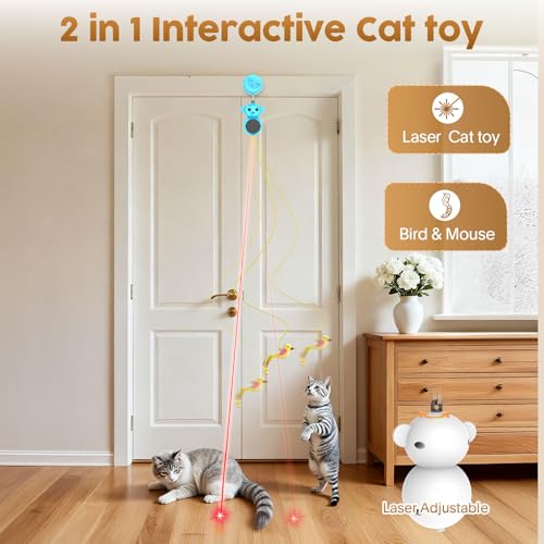 2-in-1 Interactive Laser Pointer Cat Toy & Flying Bird Wand for Indoor Cats (Blue)