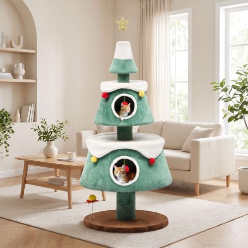 63" Christmas Cat Tree with 2 (Green+White / 63in)