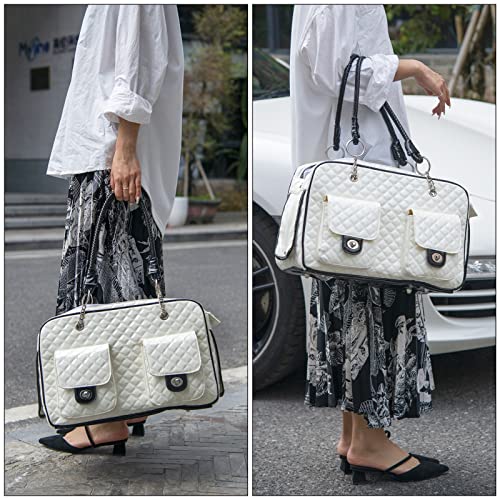 Pet Carrier Fashion Dog Carrier Purse Leather Tote Handbag Bag for Small Puppies Dogs Cat Small Animals Soft TSA Airline (White)
