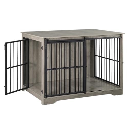44.1" XL Dog Crate Furniture Indoor Dog Kennel with Barn Door (44.1"L x 27.6"W x 31.9"H / Greige)
