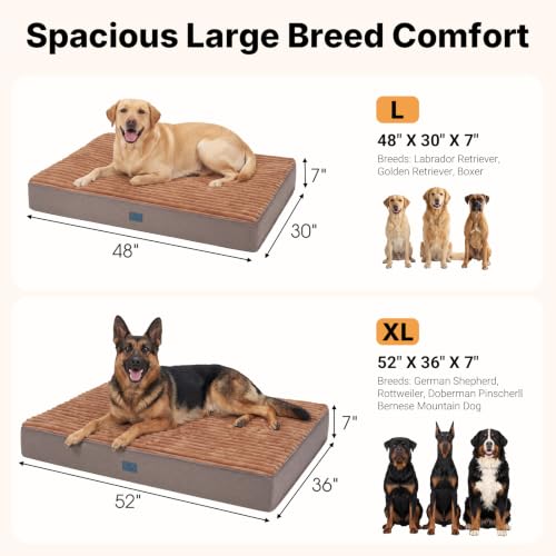 Orthopedic Memory Foam Dog Bed for Senior Dogs (Brown / 52"L x 36"W x 7"Th)