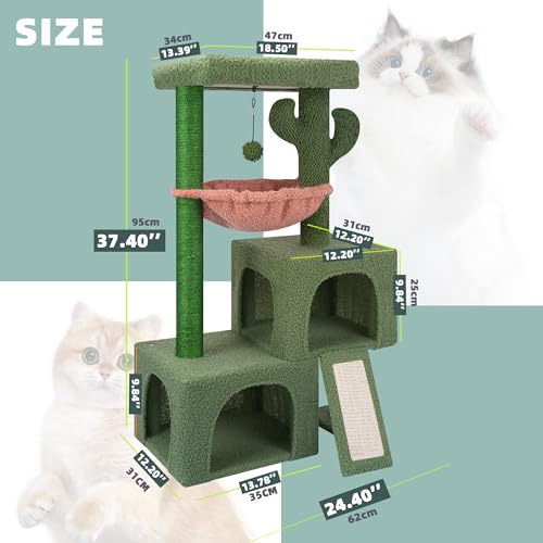 37.4" Cactus Cat Tree Tower with Twin Cat Condos for Indoor Cats (Green / 37.4'')