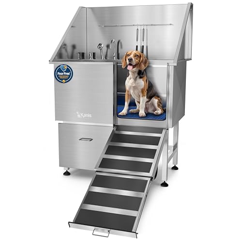 Professional Dog Washing Station 304 Stainless Steel Pet Wash Sink (Silver, Right Ramp, 1 Drawer / 40 Inches)