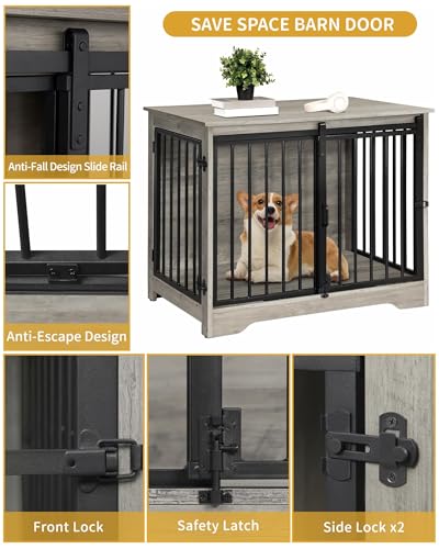 31.9" M Dog Crate Furniture Indoor Dog Kennel with Barn Door (Greige / 31.9"L x 21.7"W x 26.6"H)