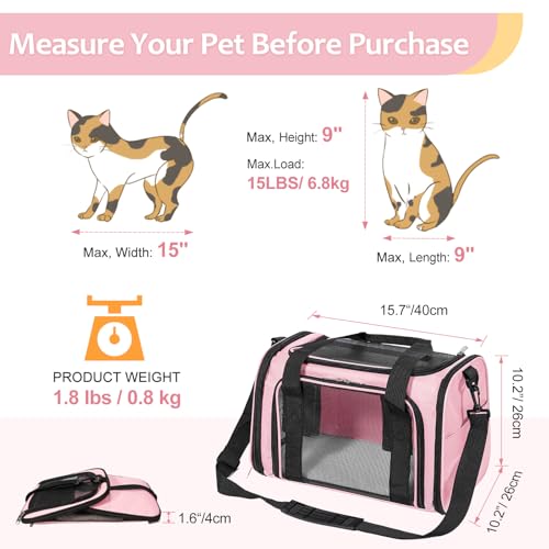 Cat Dog Carrier Up to 15 Lbs TSA Airline Approved Pet Carrier for Small Medium Cats Puppies Dog Carriers for Small Dogs Collapsible Soft Sided Cat Travel Carrier (15.8"L x 10.2"W x 10.2"H / Pink)