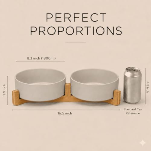 Ceramic Dog and Cat Bowl Set with Wooden Stand (7.6 cups / Grey × 2)