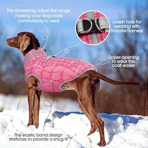 Dog Winter Coat Fleece Warm Large Dog Coat with Harness Built in (Rose Plaid / XXL(chest:35in))