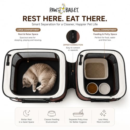 2-in-1 Dual-Zone Pet Playpen for Cats & Small Dogs, Portable Indoor Outdoor Pet Enclosure with Connected Rest & Feeding Areas, Foldable Pet Tent with Carrying Bag (Brown / Medium (2-IN-1))