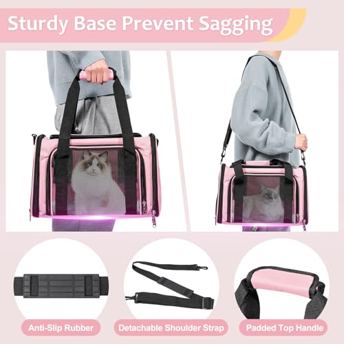 Cat Dog Carrier Up to 15 Lbs TSA Airline Approved Pet Carrier for Small Medium Cats Puppies Dog Carriers for Small Dogs Collapsible Soft Sided Cat Travel Carrier (15.8"L x 10.2"W x 10.2"H / Pink)