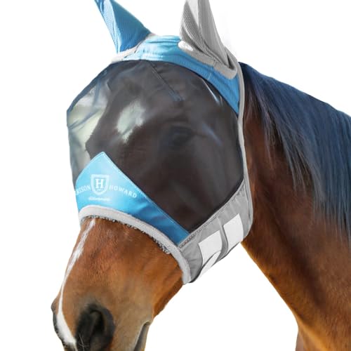 Pro Luminous Horse Fly Mask Standard with Ears UV Protection for Horse Azure Blue (Azure Blue/Silver / Medium (Arabian))