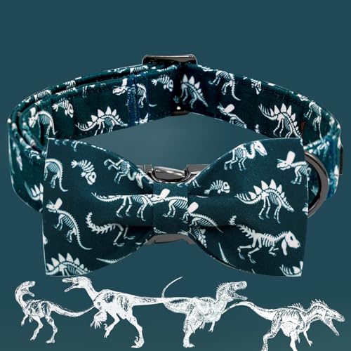 Dog Collar Dinosaurs Print Pet Collars with Bow Soft Cutton Boy Puppy Gift Adjustable Blue Bowtie Dog Collar for X (Fossil Dinosaurs / X-Large (Pack of 1))