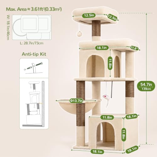 Cat Tree Tower 2 Condo Kitten Scratching Post (Beige / 54 inch)