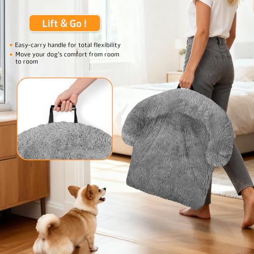 Calming Dog Bed Fluffy Plush Dog Mat for Furniture Protector with Removable Washable Cover for Large Medium Small Dogs and Cats (Grey / 41.0"L x 37.0"W x 6.0"Th)