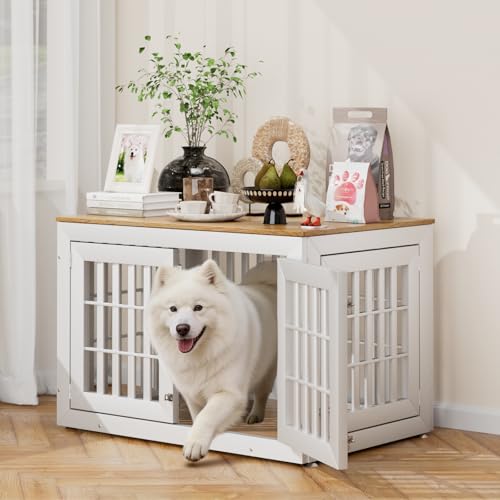 42" Heavy Duty Dog Crate Furniture for Large (42.1"L x 28.7"W x 28.5"H / White+Wood)