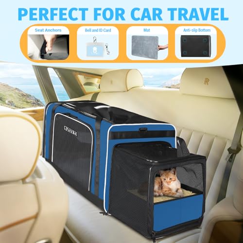 Side Expandable Extra Large Cat Carrier with Litter Box and Wheels (Prussian Blue with wheels)