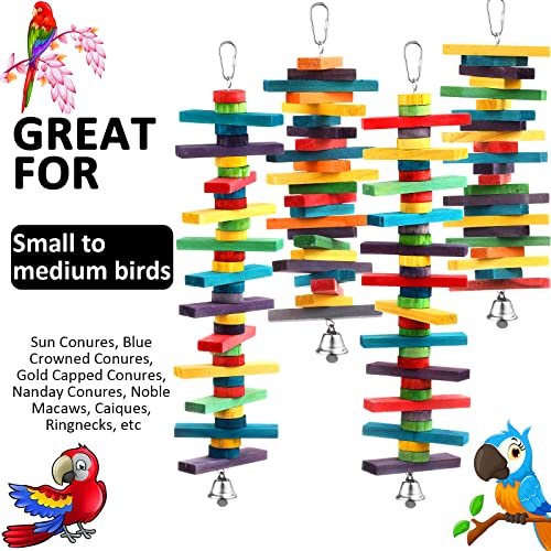 4 Pcs Bird Parrot Toys with Multicolored Natural Wood Blocks