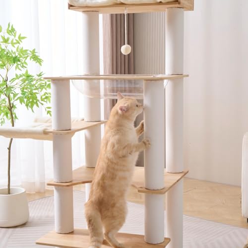 Modern Natural Wooden Wood Cat Tree Tower Condo (57 Inches - Solid Wood)