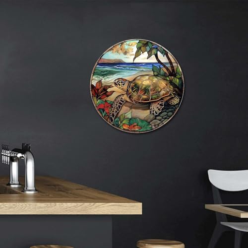Metal Sign Tin Sign Circular Stained Glass Turtle Decor Outdoor for Yard 8×8 Inches (8×8 Inches / Turtle)