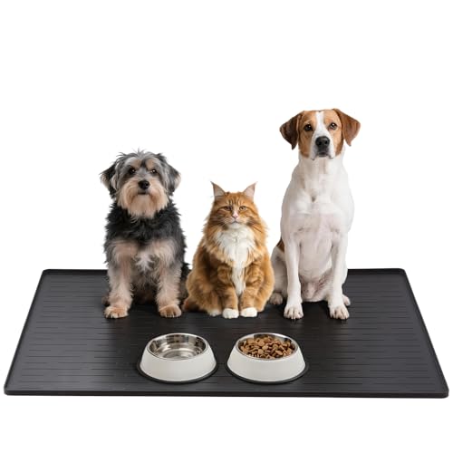 Large Dog Mats for Food and Water (Black / 40"L x 30"W)
