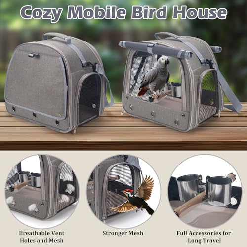 Bird Carrier Parrot Travel Cage with Perch (Gray)