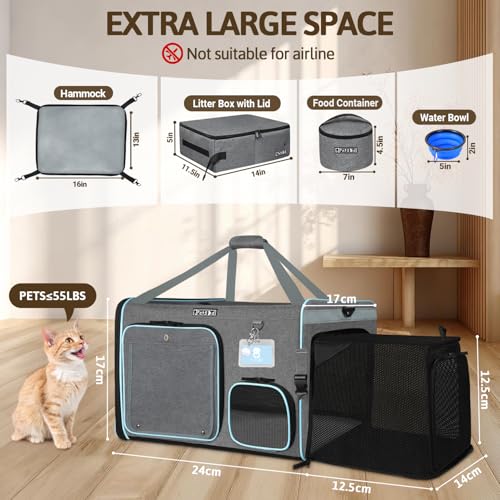 Side Expandable Extra Large Cat Carrier with Litter Box (grey)