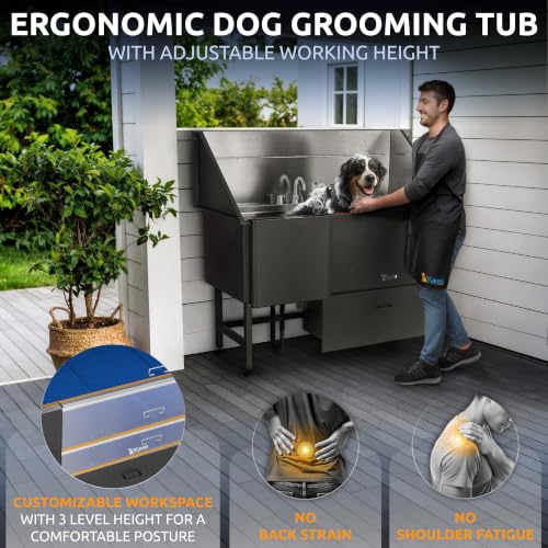 Professional Dog Washing Station 304 Stainless Steel Pet Wash Sink (Black, Left Ramp, 1 Drawer / 61 Inches)