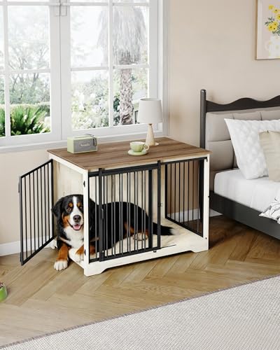 43.3" XL Dog Crate Furniture Indoor Dog Kennel with Barn Door (White Brown / 43.3"L x 27.5"W x 31.8"H)