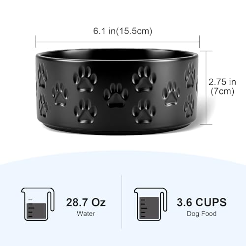 Ceramic Dog and Cat Bowls 2 Pack (6.1 in - 3.6 cups / Paw Black - Only Bowls*2)