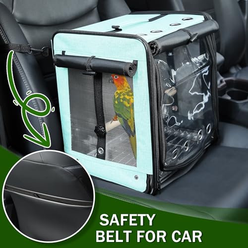 Bird Carrier with Seat Belt for Car Travel (13.5"L x 10.0"W x 15.5"H / Green)