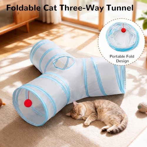 Cat Tunnel, 3-Way Collapsible Toy for Indoor Cats, Grey & Blue (Light Grey&Blue / Small)
