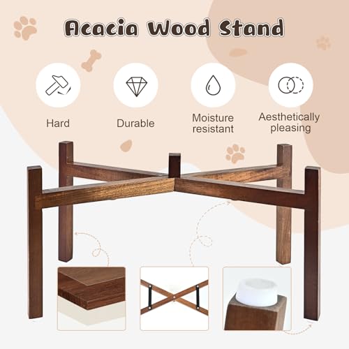 Ceramic Elevated Dog Bowl Set with Acacia Wood Stand for Food and Water for Large Dogs (60.87 Oz / Black with Dog Paw Pattern)