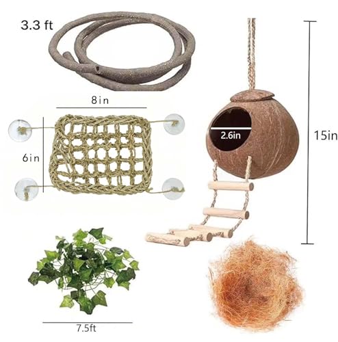 Leopard Gecko Tank Accessories. Reptile Hammock Vines Plants with Coconut Shell Ladder Hideout Hermit Crab Decor for Bearded Dragon Lizard Chameleon Crested Gecko Tortoise Snake (Small Standard Set)