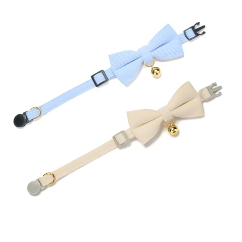 2 Pack Soft Corduroy Cat Collars with Bow Tie & Bell Adjustable Breakaway Kitten Bowtie Collar for Female Male Cats (S:Neck 7.0" - 11.0" / Corduroy-White Blue)