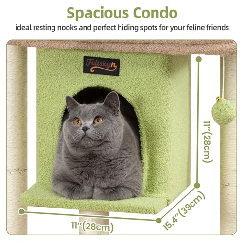 Cat Tree Tower Scratching Post for Indoor Large Adult Cats with Perch Bed (Green / 28 Inches)