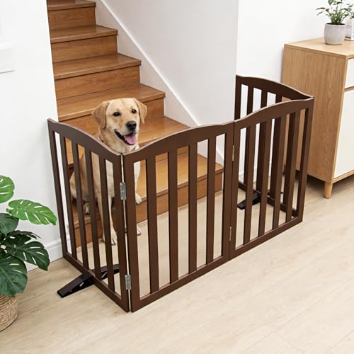 Foldable Freestanding Indoor Dog Gate for House Wood Long Pet Gates Dog Fence for Stairs Puppy Gates for Hallways (Brown / 【4 Panels】80''w X 32''h)