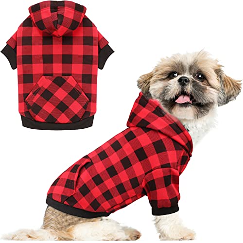 Dog Sweater Red Buffalo Plaid Pet Clothes Warm and Soft Breathable Cozy Small Pet Hoodies Dog Sweaters for Small Dogs with Pocket (X-Small)