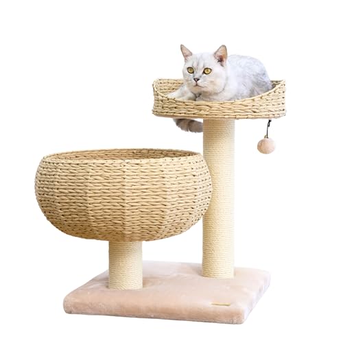 Modern Small Cat Tree with 2 Cat Beds (Beige Brown)