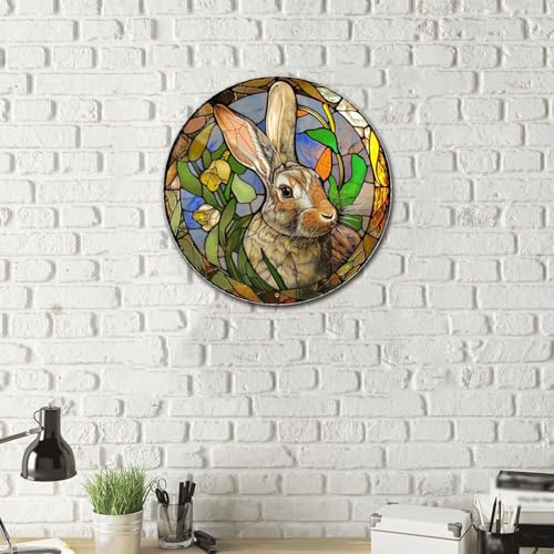 Metal Sign Tin Sign Circular Stained Glass Rabbit Metal Garden Sign for Pet 12×12 Inches (12×12 Inches / Rabbit)