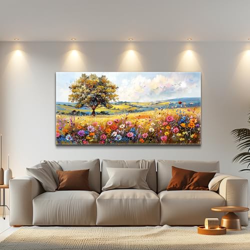 Large Wall Art For Bedroom Canvas Wall Decor For Living Room Office Decorations Flower Scenery Watercolour Wall Paintings Field Pictures Artwork Aesthetic Room Home Decor Hang Easy (48"L x 24"W / Field Landscape)