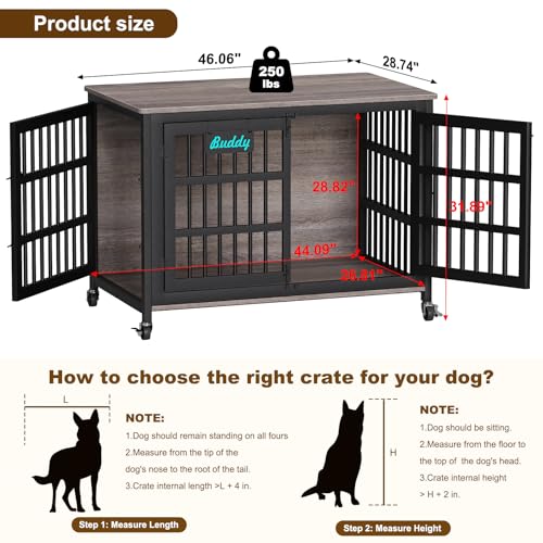 46"/42"/33" XXL Heavy Duty Dog Crate Furniture with Casters (46.1"L x 28.7"W x 31.9"H / Grey)