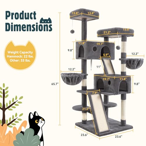 65in Multi Level Large Cat Tree Tower for Indoor Kitties (Grey)