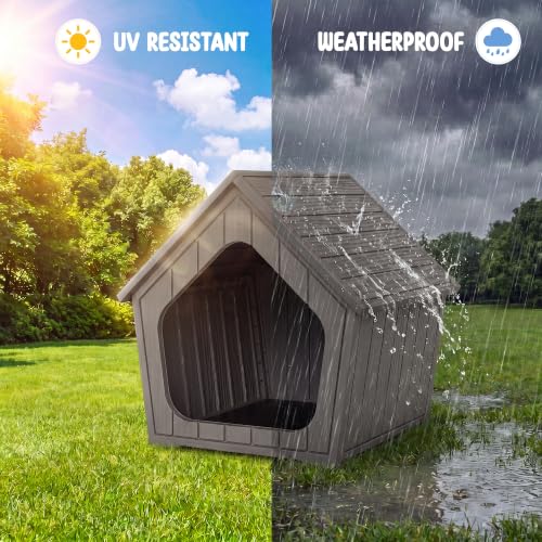 Indoor Outdoor Small Dog House Weatherproof for Small Dogs Sturdy Pet House for Indoor Living Room & Outdoor Patio (Light Grey / 23.43" L × 22.44" W × 22.24" H)