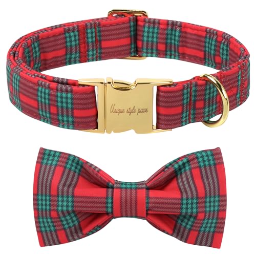 Christmas Dog Collar with Bow Red Green Plaid Cotton Puppy Collars for Small Medium Large Dogs (Extra Small / Red Green Plaid)