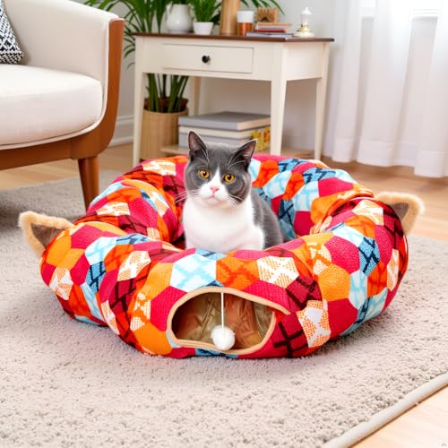 Cat Donut Tunnel with Bed for Kitten Puppy Rabbit Ferret (Orange)