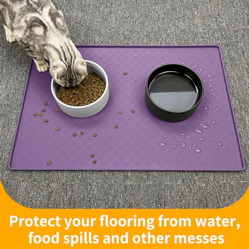 Dog Food Mat Waterproof Pet Bowl Mats with High Lips (31.5"L x 23.6"W / Purple)