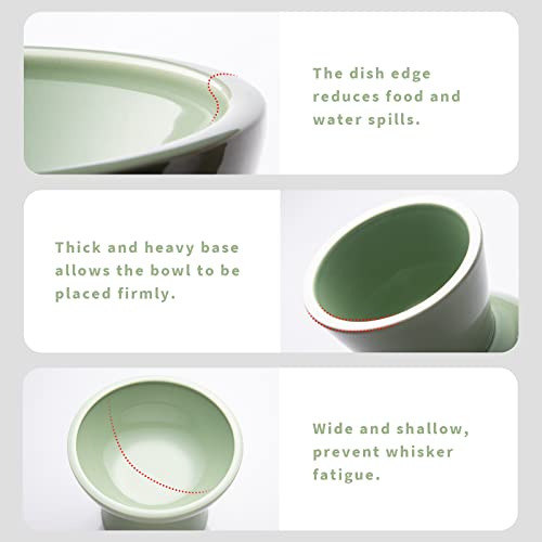 2 Pack Extra Wide Elevated Ceramic 6.2" Shallow Cat Food Bowls (Sage Green-2 Food Bowl)