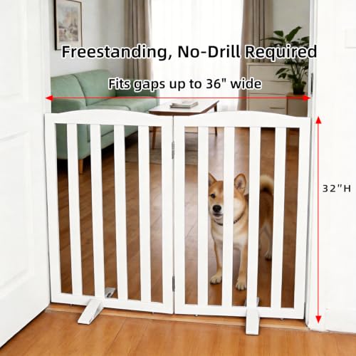 Foldable Freestanding Indoor Dog Gate for House Wood White Long Pet Gates Dog Fence for Stairs Puppy Gates for Hallways (White / 【2 Panels】40''w X 32''h)