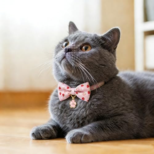2 Pack Floral Cat Collars with Bow Tie and Bell Adjustable Breakaway Bowtie Cute Kitten Collar (S:Neck 7.0" - 11.0" / White Heart+Pink Strawberry)