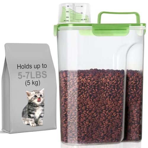 5-7Lbs/6Qt Dog Cat Storage Container Portable with Upgraded Large Spout and Cup, Plastic Pet Food Dispenser for Small Animal Kibble, Bird Seed, Oatmeal, Rice, Flour, Brown Sugart (Clear Green) (Clear Green / 5L-1pack)