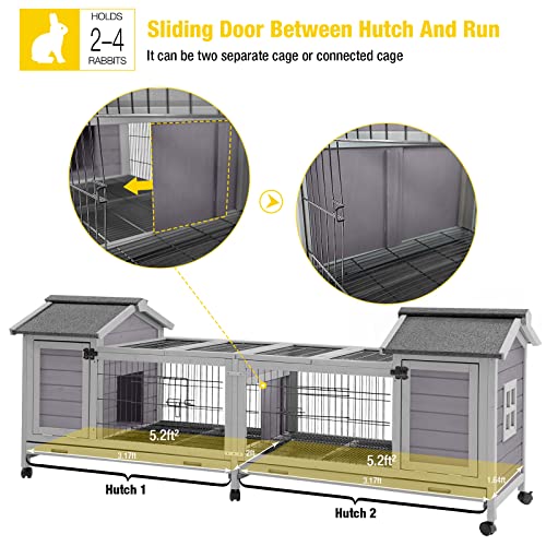 Rabbit Hutch Bunny Cage with Double House and Run Indoor Outdoor Guinea Pig House with Deeper No Leak Trays and Wheels
